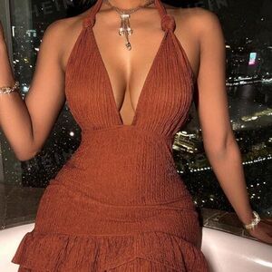 Sexy Solid Color Textured Ruffle Hem Backless Halter Neck Dress, Party Dress